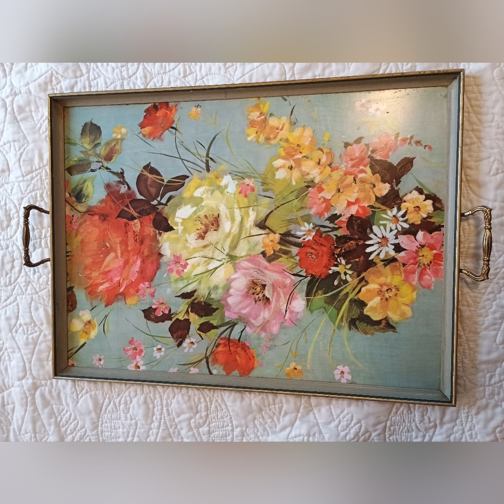 Vintage Rectangular Serving Tray With French Floral Design & Brass Handles